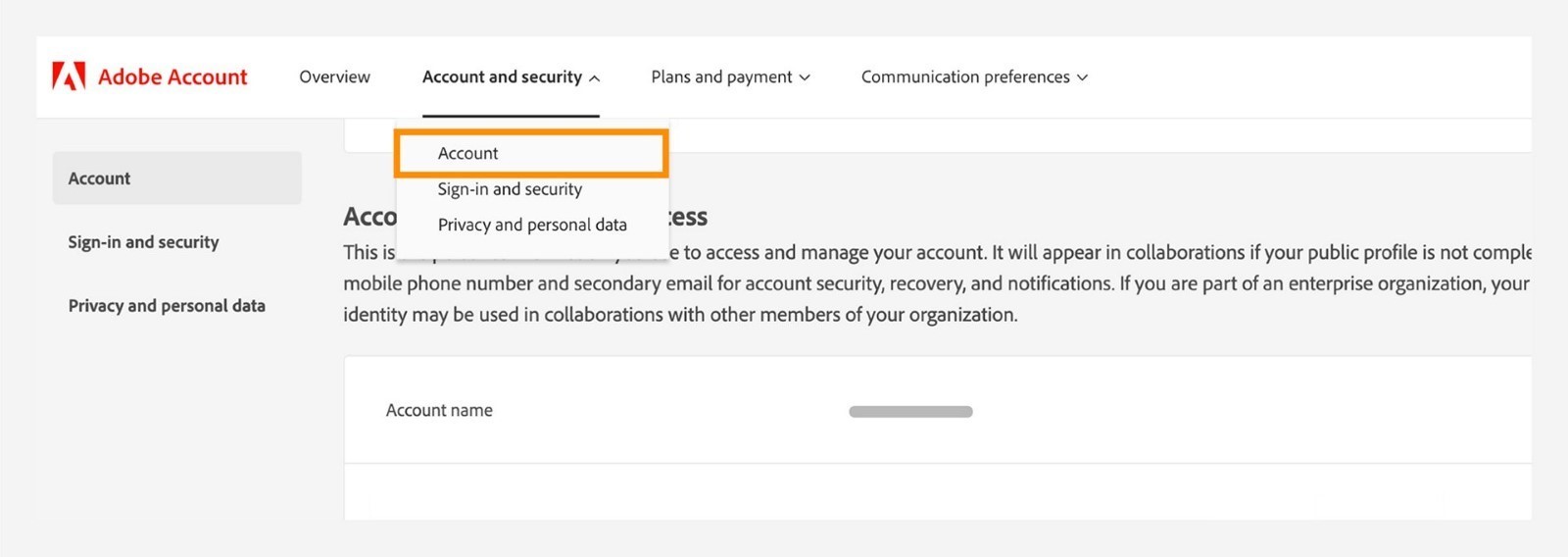 Account and security window with a drop-down option to select the Account option.