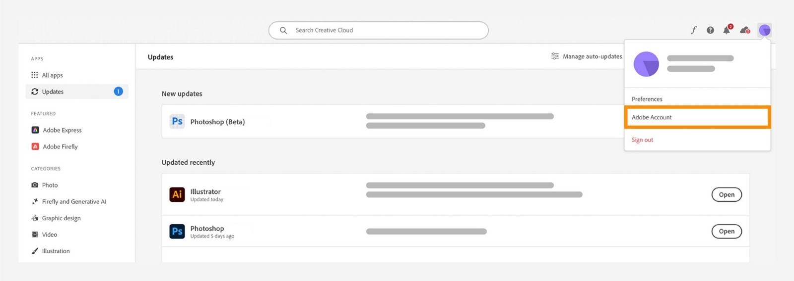 Select the Adobe account option in the Creative Cloud desktop app.