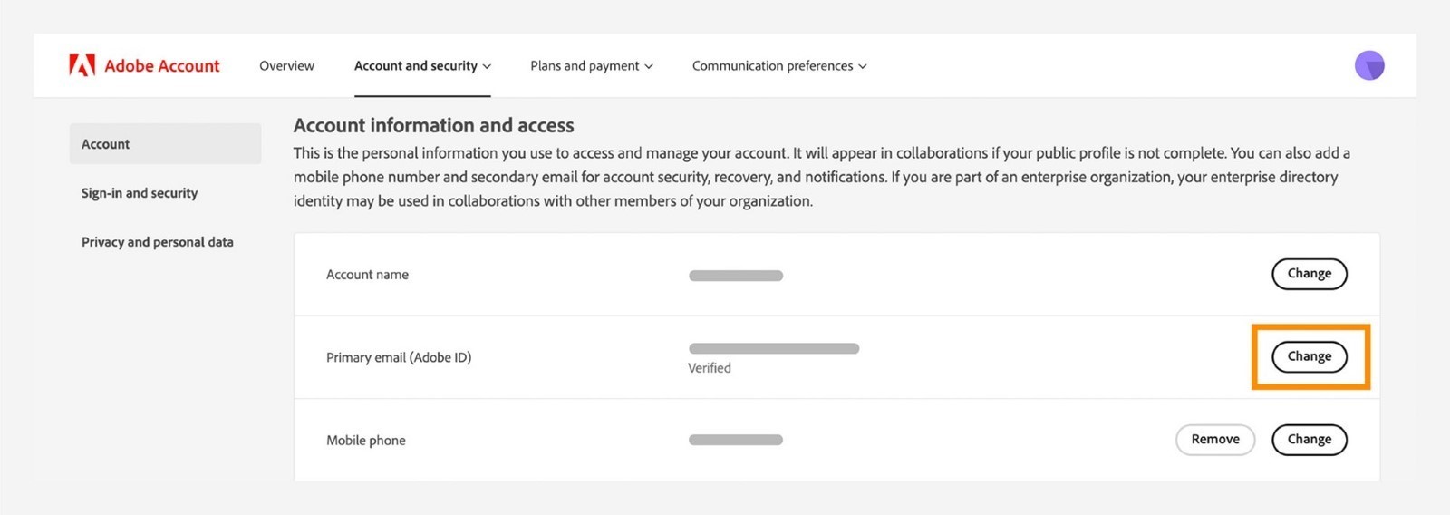 Account information and access window to change your primary email address.